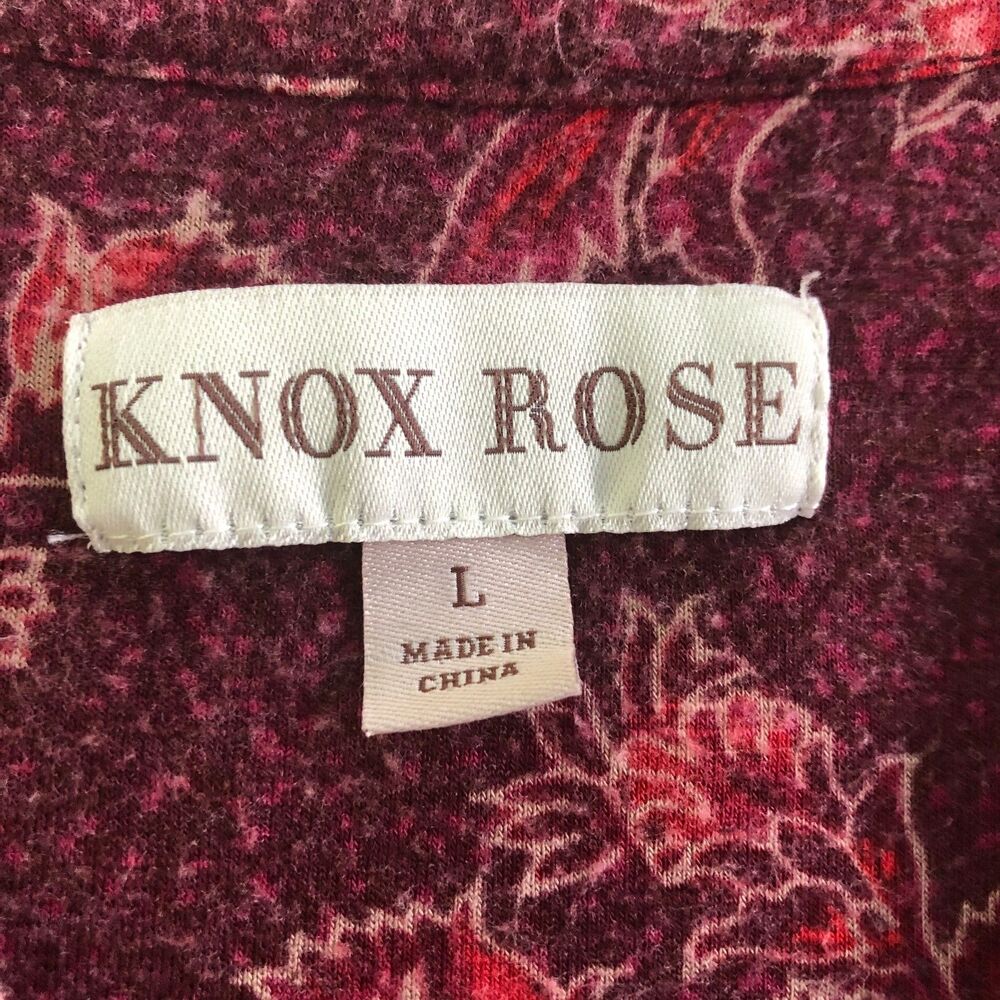 Knox Rose Women's L Knit V-Neck Button Up Top Burgundy Floral Boho - Picture 9 of 14